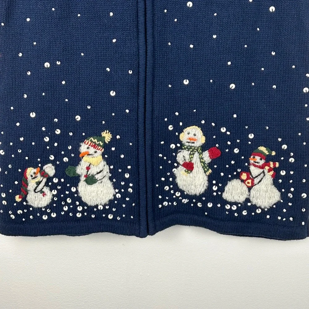 Vintage Breckenridge Navy Blue Snowman‎ Sequin Zip Up Vest Women's Medium